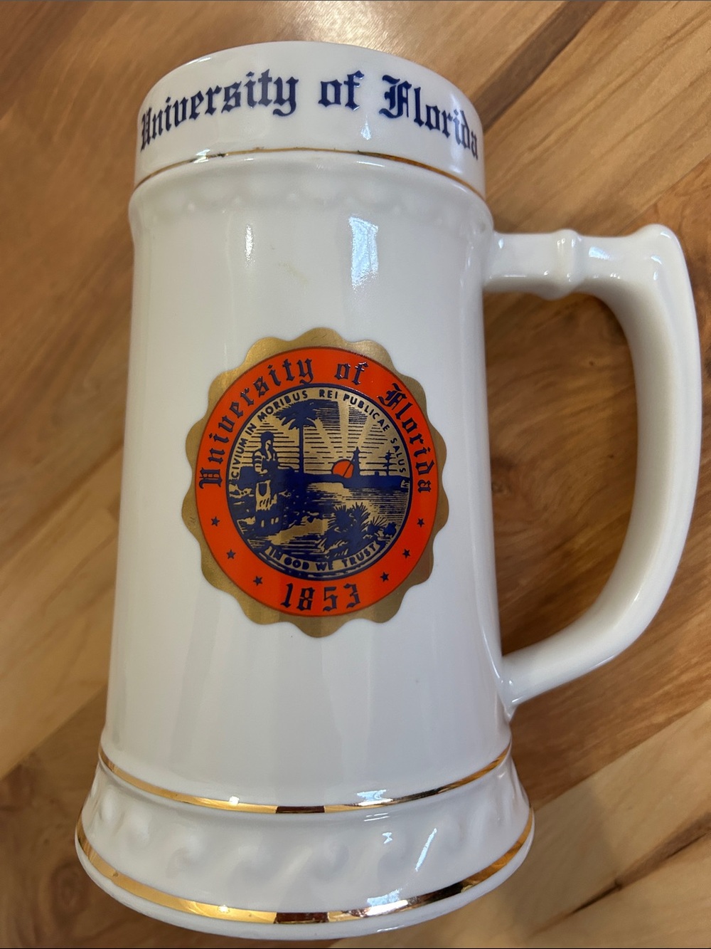 University of Florida VTG White Ceramic Beer Stein with Orange & Blue Seal 7.5